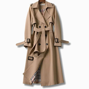 Damski długi trencz z paskiem i podszewką w kratę-Coats for women-Olave