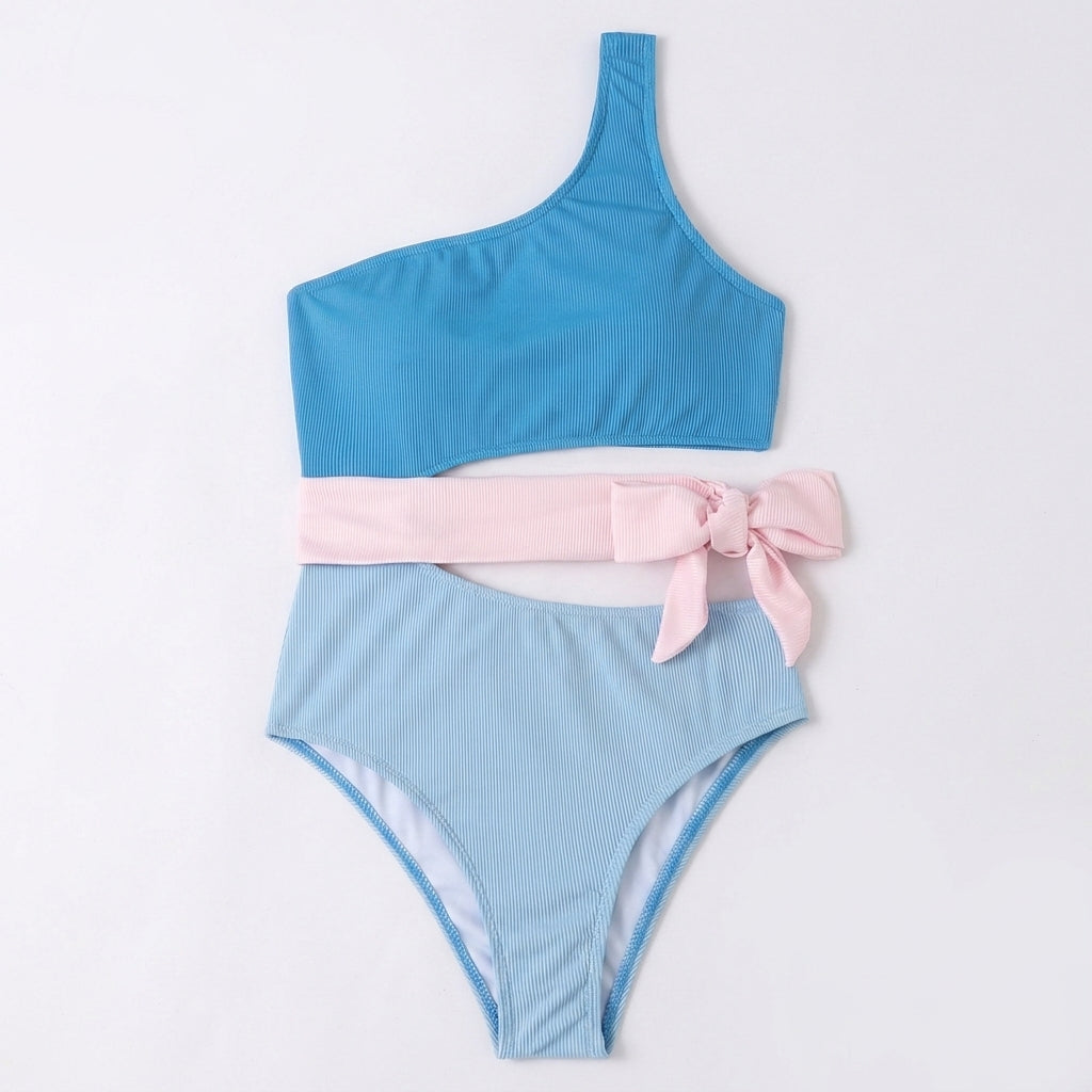 Damski dwuczęściowy strój kąpielowy na jedno ramię z prążkowanego materiału i wiązaniem-Jumpsuits for women-Olave