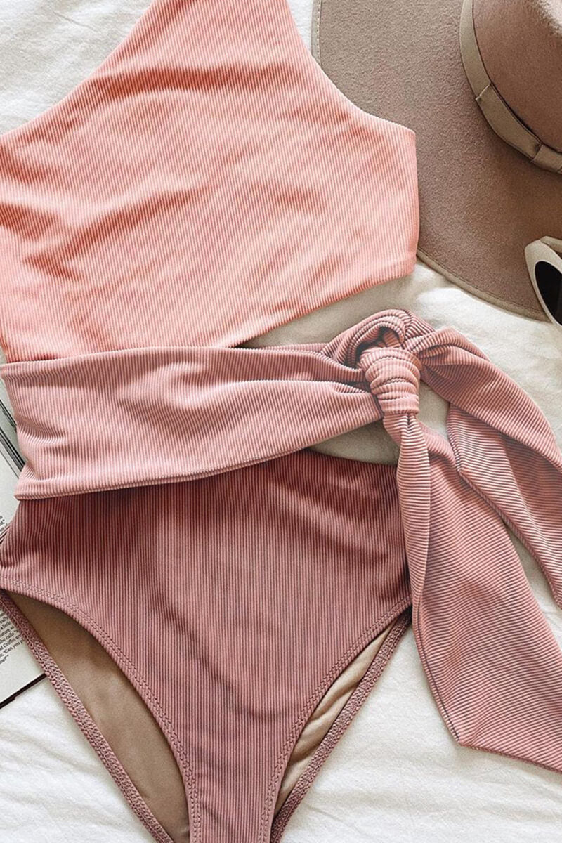 Damski dwuczęściowy strój kąpielowy na jedno ramię z prążkowanego materiału i wiązaniem-Jumpsuits for women-Olave