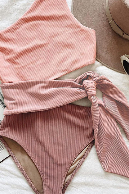 Damski dwuczęściowy strój kąpielowy na jedno ramię z prążkowanego materiału i wiązaniem-Jumpsuits for women-Olave