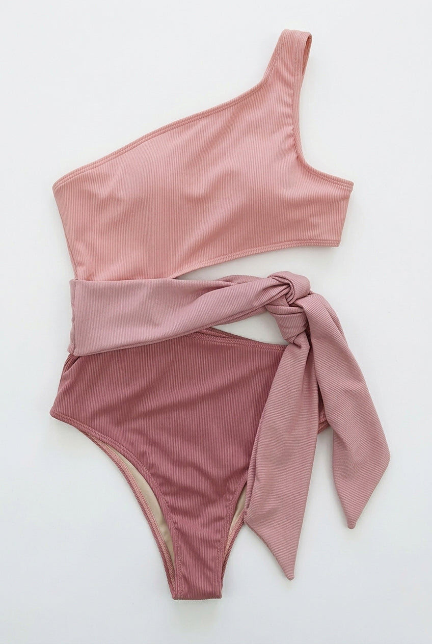 Damski dwuczęściowy strój kąpielowy na jedno ramię z prążkowanego materiału i wiązaniem-Jumpsuits for women-Olave