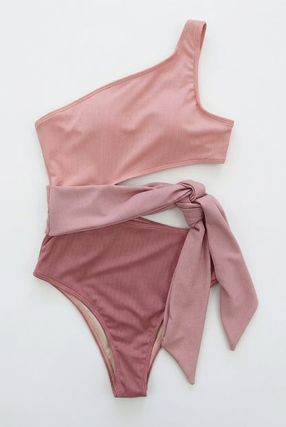 Damski dwuczęściowy strój kąpielowy na jedno ramię z prążkowanego materiału i wiązaniem-Jumpsuits for women-Olave
