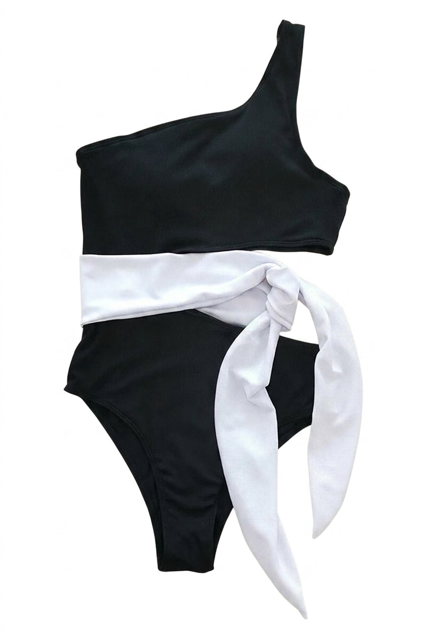Damski dwuczęściowy strój kąpielowy na jedno ramię z prążkowanego materiału i wiązaniem-Jumpsuits for women-Olave