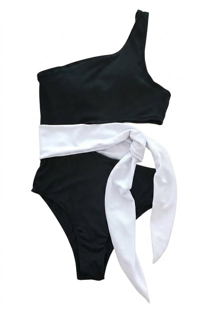 Damski dwuczęściowy strój kąpielowy na jedno ramię z prążkowanego materiału i wiązaniem-Jumpsuits for women-Olave