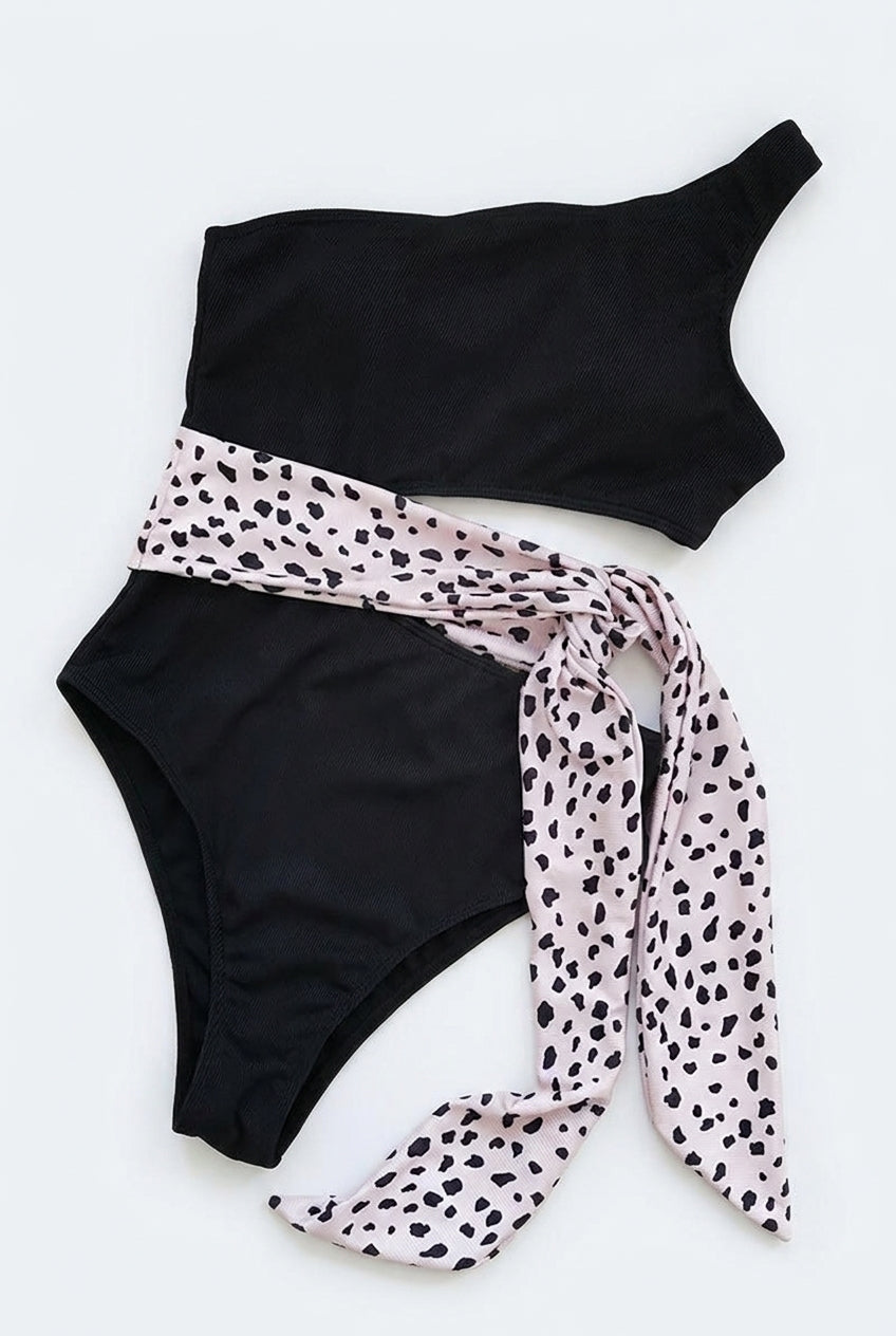 Damski dwuczęściowy strój kąpielowy na jedno ramię z prążkowanego materiału i wiązaniem-Jumpsuits for women-Olave