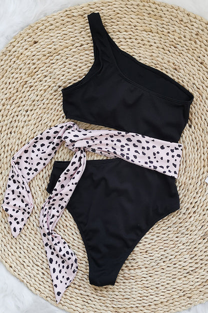 Damski dwuczęściowy strój kąpielowy na jedno ramię z prążkowanego materiału i wiązaniem-Jumpsuits for women-Olave