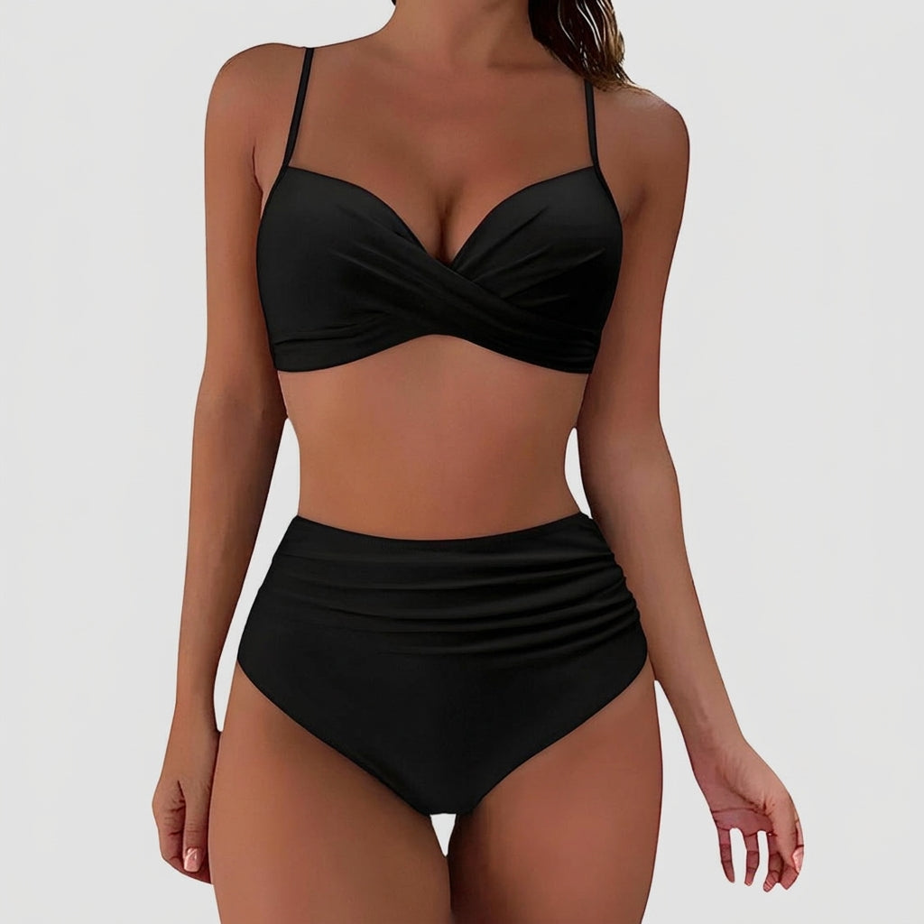 Damski dwuczęściowy strój kąpielowy z wysokim stanem i skrzyżowanym topem-Swimwear for women-Olave