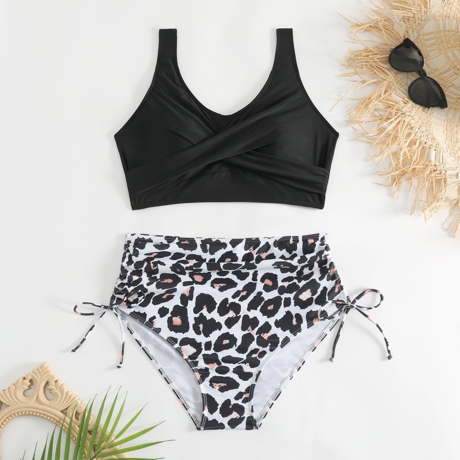 Damski dwuczęściowy strój kąpielowy z wysokim stanem i wiązaniami po bokach-Swimwear for Women-Olave