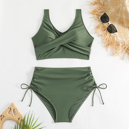 Damski dwuczęściowy strój kąpielowy z wysokim stanem i wiązaniami po bokach-Swimwear for Women-Olave
