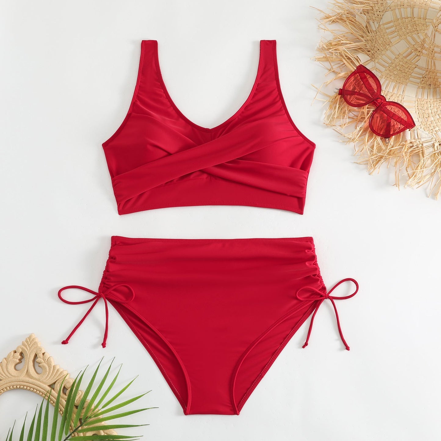 Damski dwuczęściowy strój kąpielowy z wysokim stanem i wiązaniami po bokach-Swimwear for Women-Olave