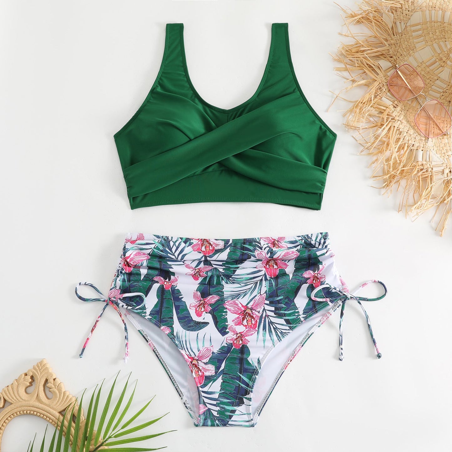 Damski dwuczęściowy strój kąpielowy z wysokim stanem i wiązaniami po bokach-Swimwear for Women-Olave