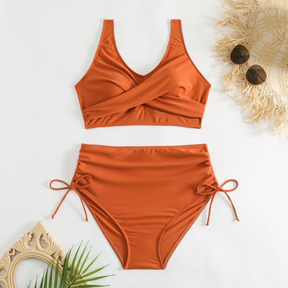 Damski dwuczęściowy strój kąpielowy z wysokim stanem i wiązaniami po bokach-Swimwear for Women-Olave