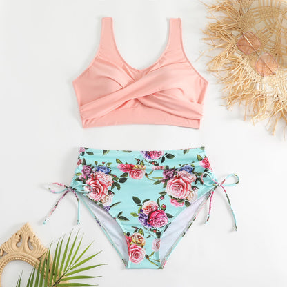Damski dwuczęściowy strój kąpielowy z wysokim stanem i wiązaniami po bokach-Swimwear for Women-Olave