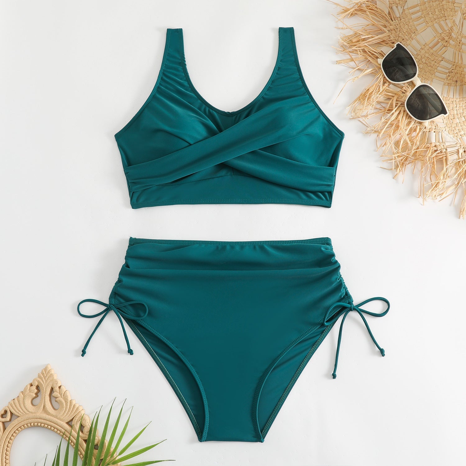 Damski dwuczęściowy strój kąpielowy z wysokim stanem i wiązaniami po bokach-Swimwear for Women-Olave