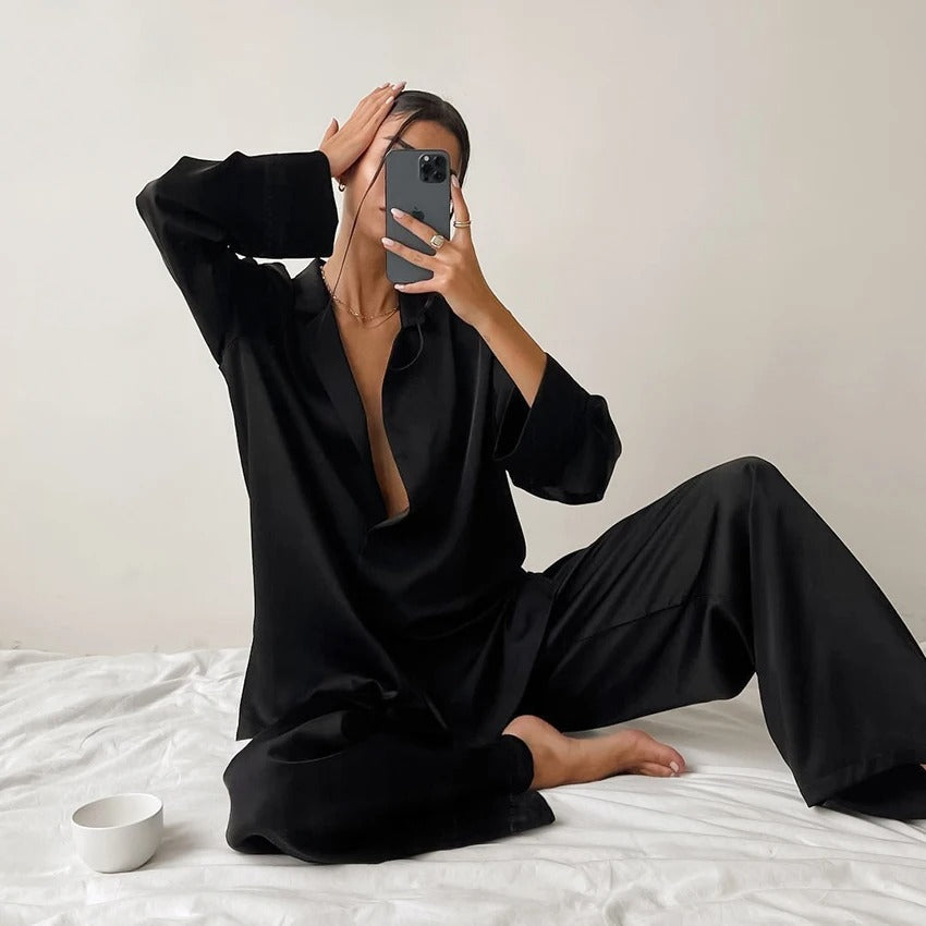 Damski dwuczęściowy zestaw z koszulą z długim rękawem i szerokimi spodniami-Sets for women-Olave
