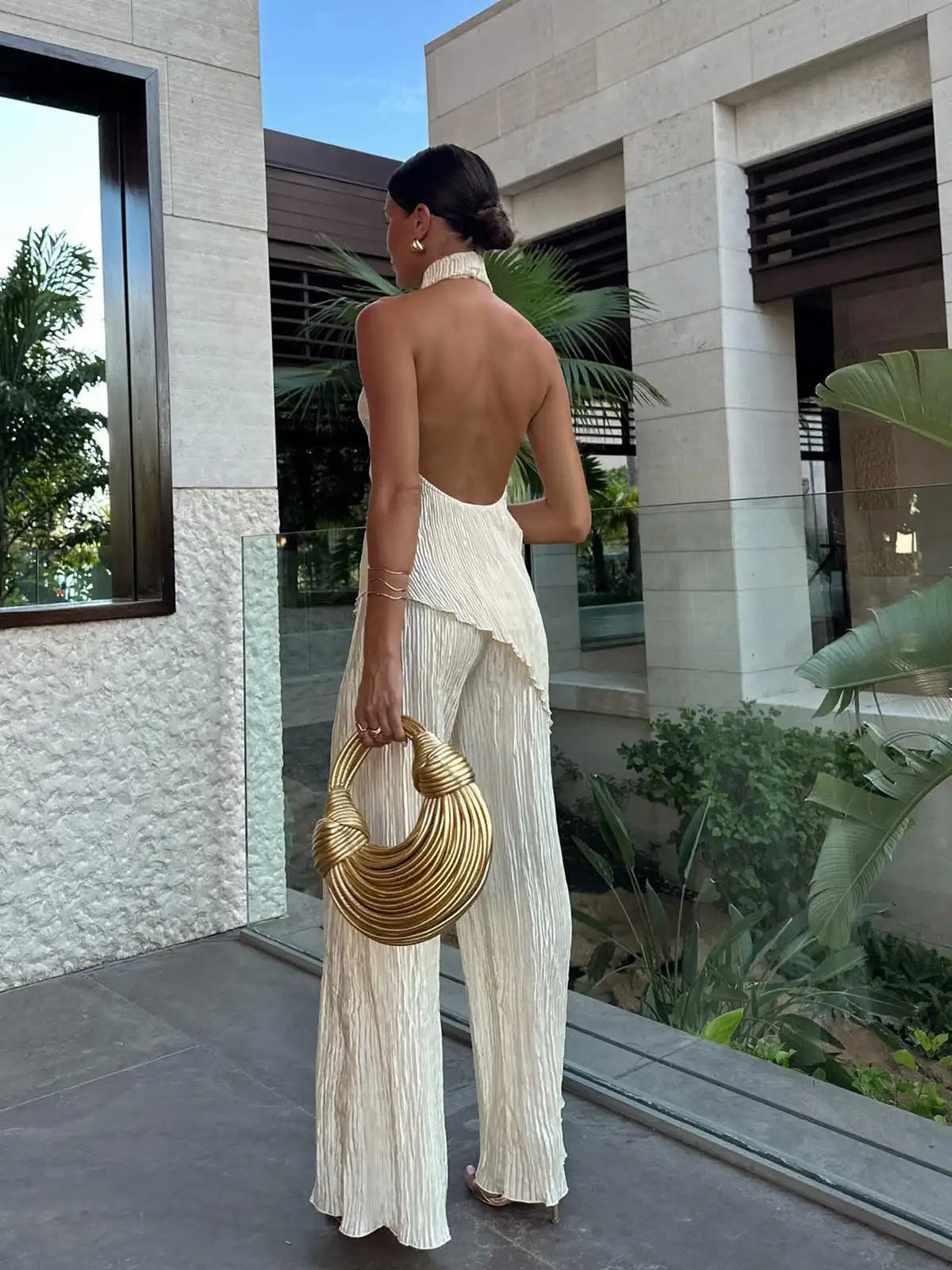Damski dwuczęściowy zestaw z topem halter i szerokimi spodniami-Sets for women-Olave
