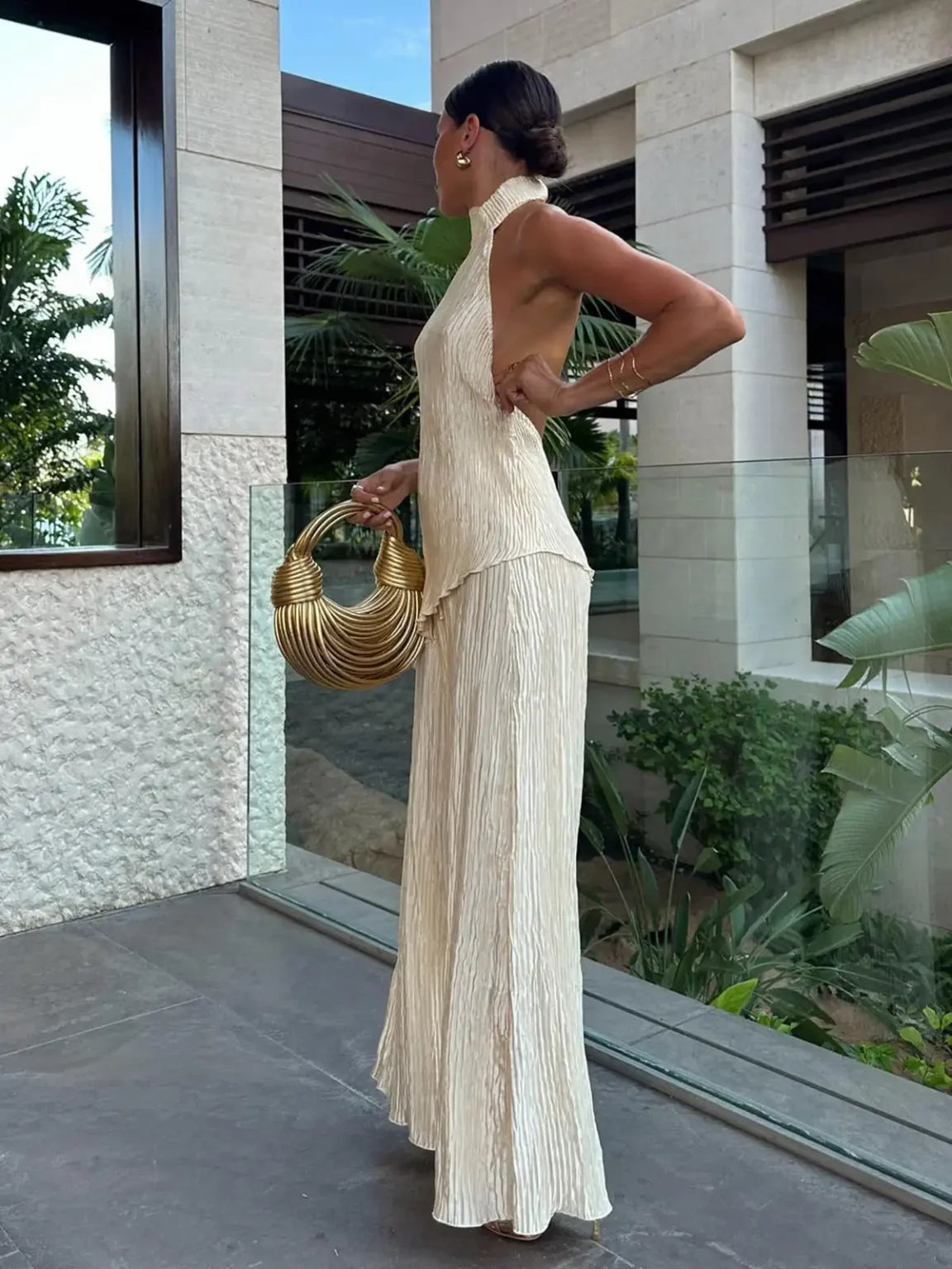 Damski dwuczęściowy zestaw z topem halter i szerokimi spodniami-Sets for women-Olave