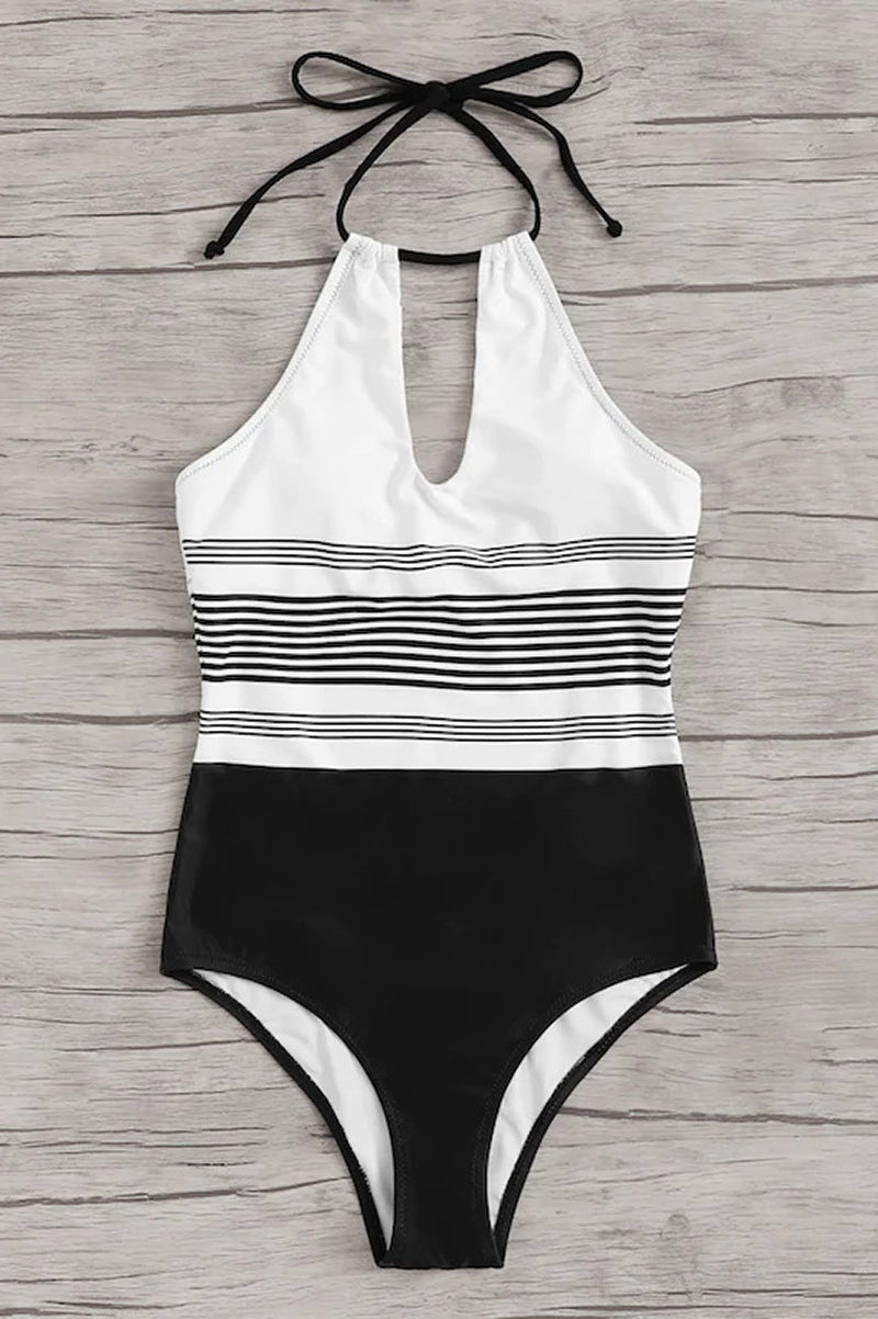 Damski jednoczęściowy strój kąpielowy wiązany na szyi z wycięciem typu łezka-Swimwear for women-Olave