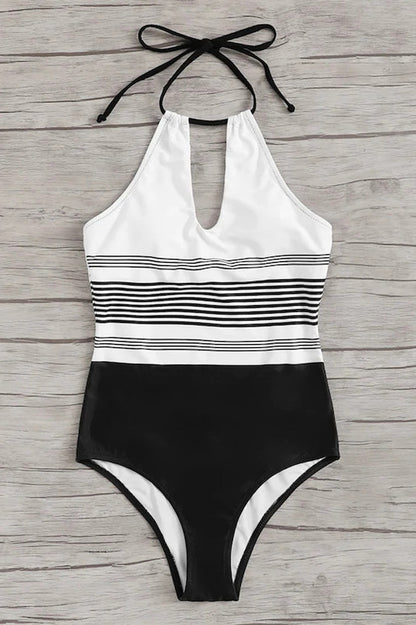 Damski jednoczęściowy strój kąpielowy wiązany na szyi z wycięciem typu łezka-Swimwear for women-Olave
