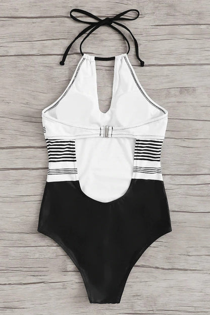 Damski jednoczęściowy strój kąpielowy wiązany na szyi z wycięciem typu łezka-Swimwear for women-Olave