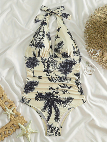 Damski jednoczęściowy strój kąpielowy z dekoltem V, wiązaniem na szyi i nadrukiem w palmy-Swimwear for women-Olave