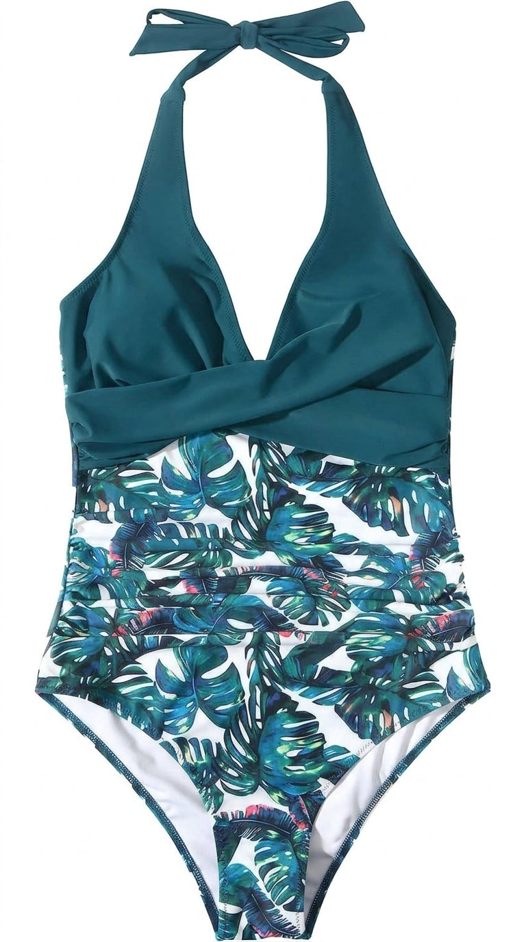 Damski jednoczęściowy strój kąpielowy z dekoltem w serek i wiązaniem na szyi-Swimwear for women-Olave