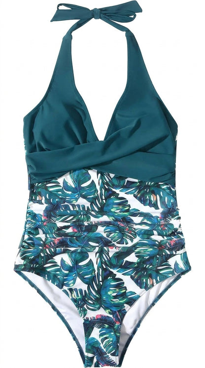 Damski jednoczęściowy strój kąpielowy z dekoltem w serek i wiązaniem na szyi-Swimwear for women-Olave