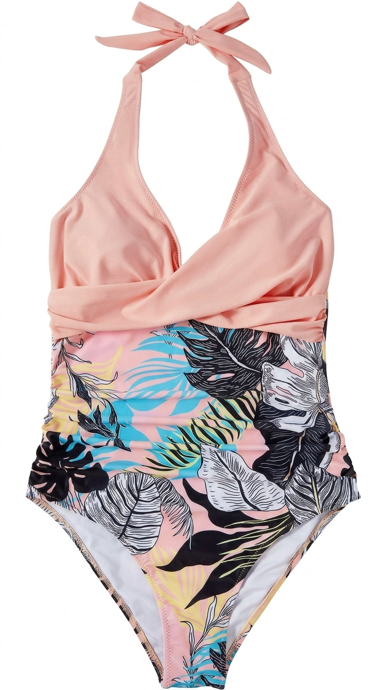 Damski jednoczęściowy strój kąpielowy z dekoltem w serek i wiązaniem na szyi-Swimwear for women-Olave