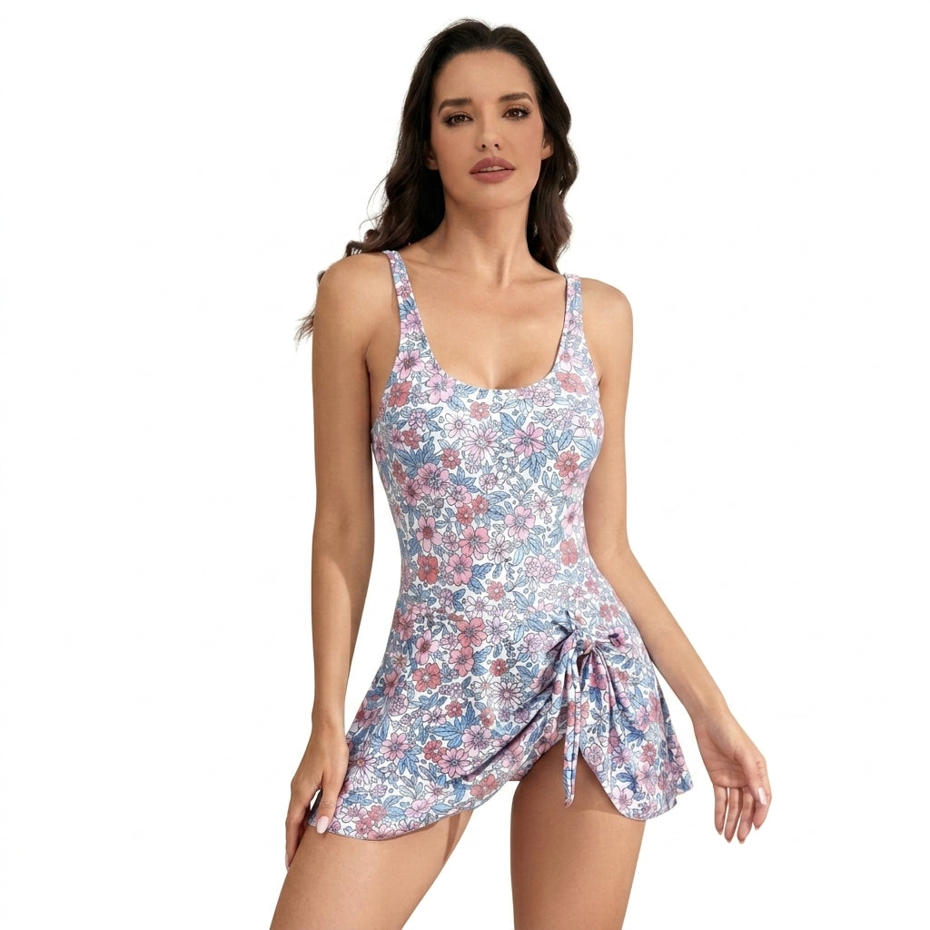 Damski jednoczęściowy strój kąpielowy z kwiatowym wzorem i wiązaniem-Swimwear for women-Olave