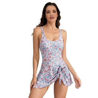 Damski jednoczęściowy strój kąpielowy z kwiatowym wzorem i wiązaniem-Swimwear for women-Olave
