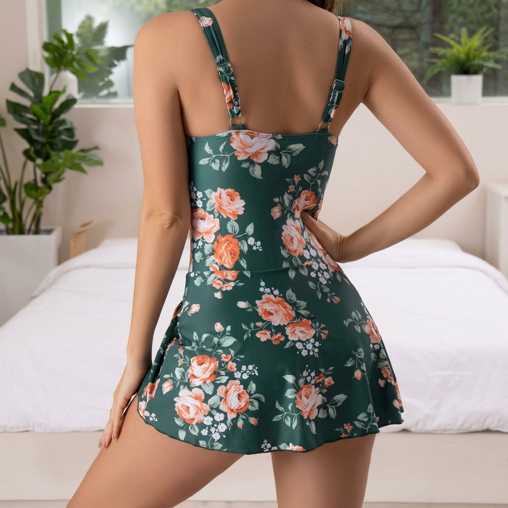 Damski jednoczęściowy strój kąpielowy z kwiatowym wzorem i wiązaniem-Swimwear for women-Olave