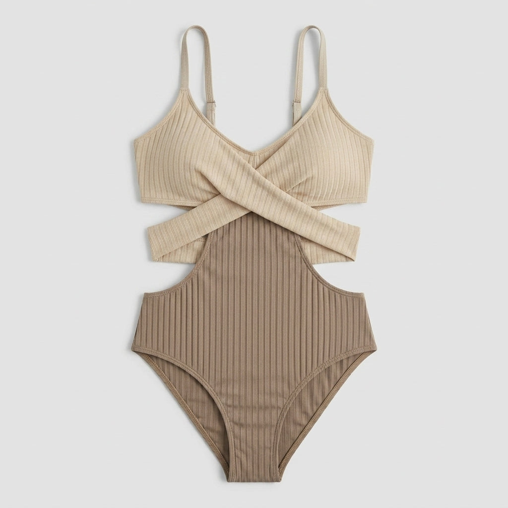 Damski jednoczęściowy strój kąpielowy z prążkowanego materiału z wycięciami i skrzyżowanym pasem-Swimwear for women-Olave