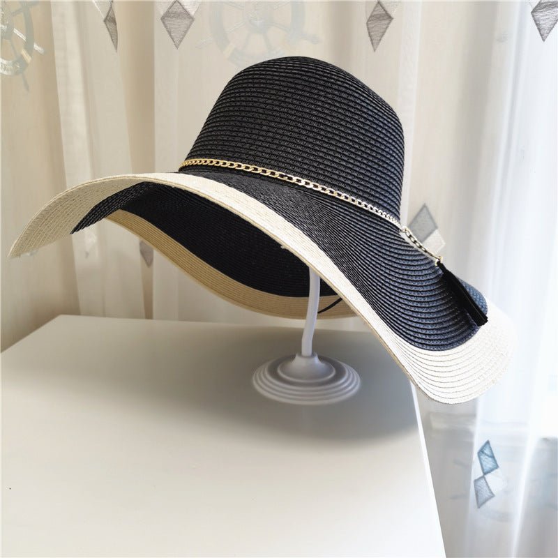 Damski kapelusz przeciwsłoneczny z szerokim rondem i łańcuszkiem-Accessories for Women-Olave