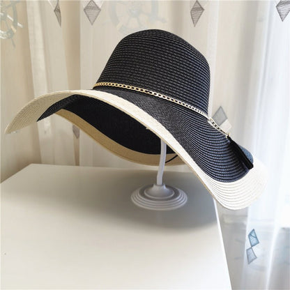 Damski kapelusz przeciwsłoneczny z szerokim rondem i łańcuszkiem-Accessories for Women-Olave