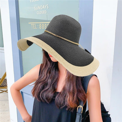Damski kapelusz przeciwsłoneczny z szerokim rondem i łańcuszkiem-Accessories for Women-Olave