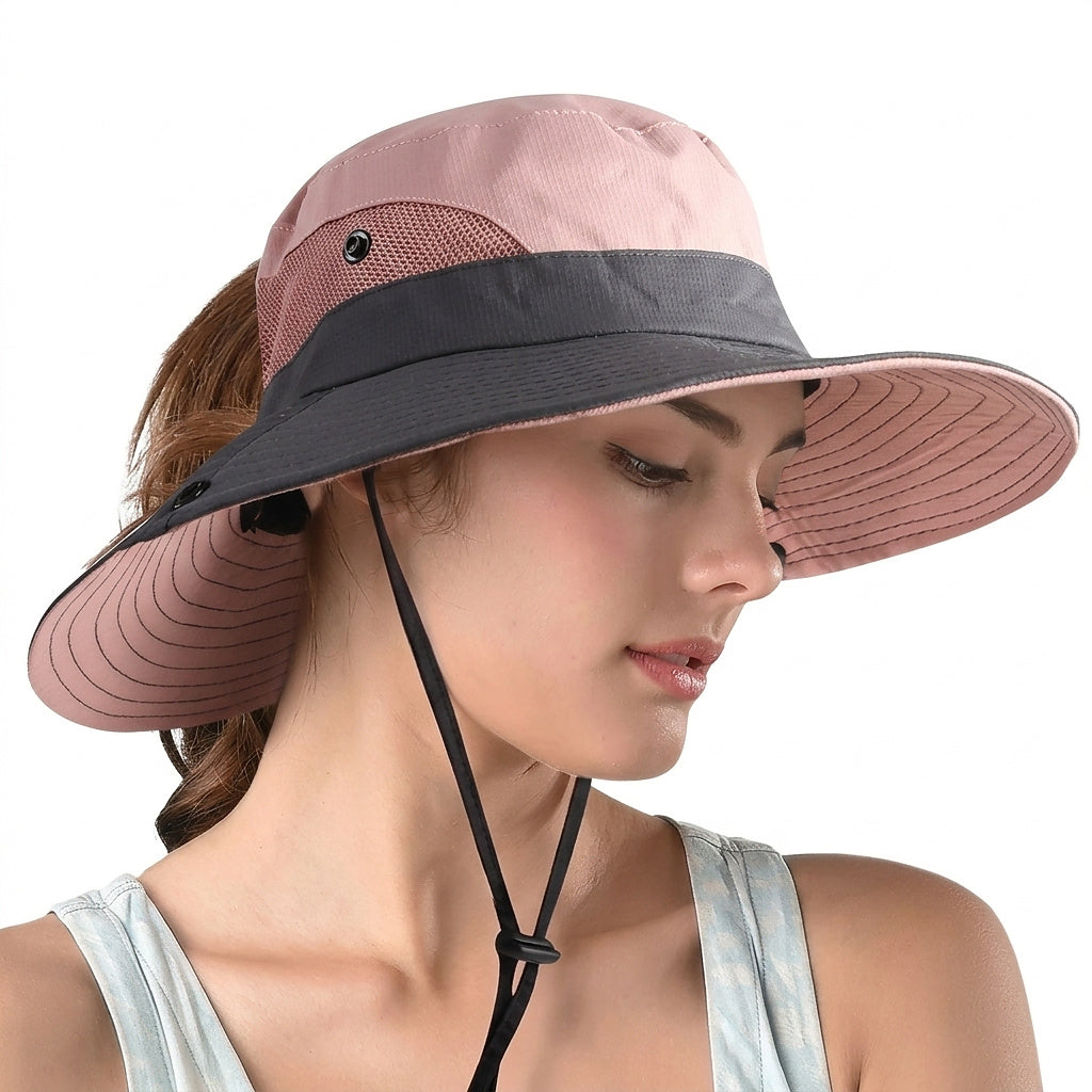 Damski kapelusz przeciwsłoneczny z szerokim rondem i otworem na kucyk-Accessories for Women-Olave