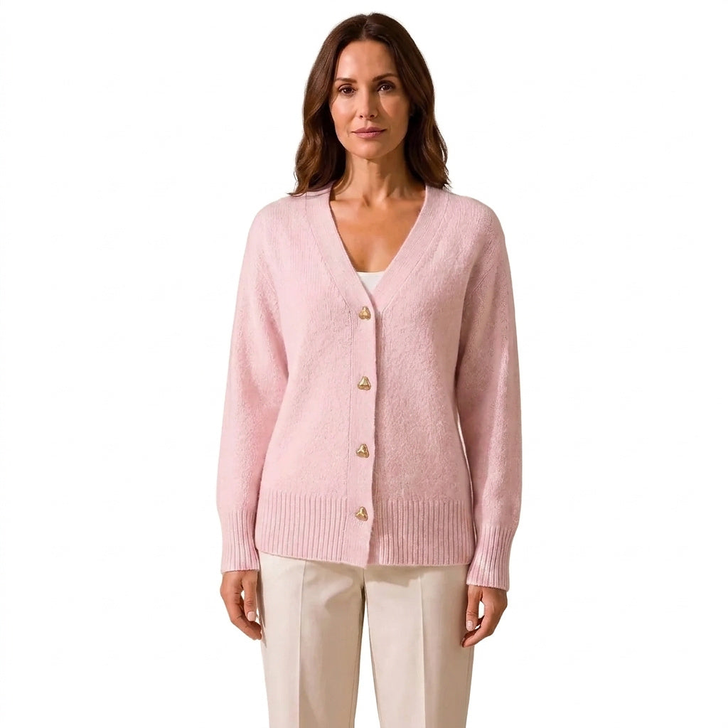 Damski kardigan z dzianiny z dekoltem w serek i guzikami w kształcie serc-Cardigans for women-Olave