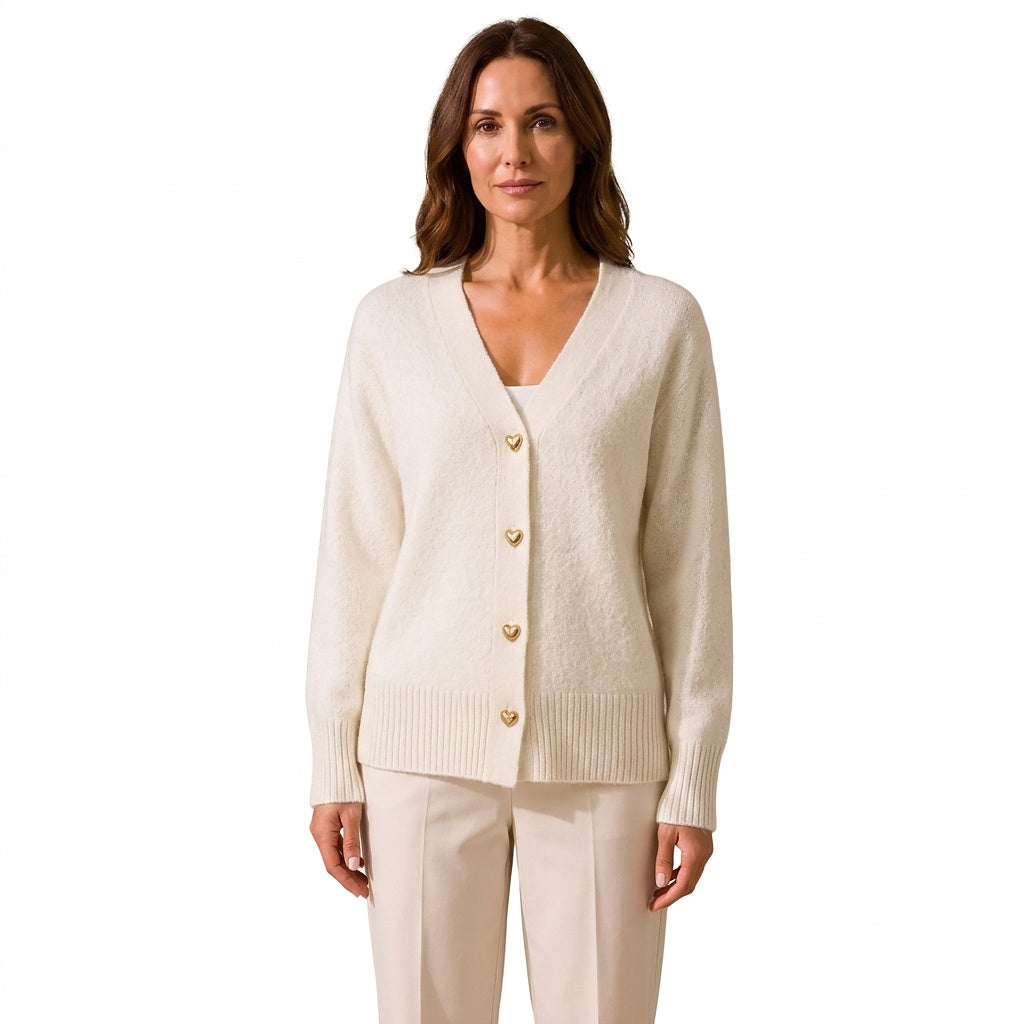 Damski kardigan z dzianiny z dekoltem w serek i guzikami w kształcie serc-Cardigans for women-Olave