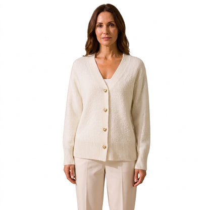 Damski kardigan z dzianiny z dekoltem w serek i guzikami w kształcie serc-Cardigans for women-Olave