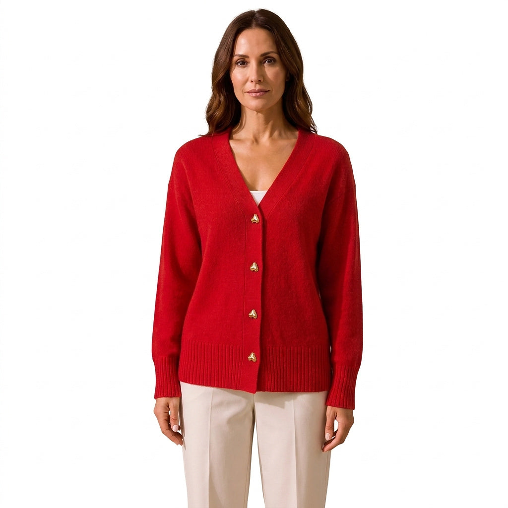 Damski kardigan z dzianiny z dekoltem w serek i guzikami w kształcie serc-Cardigans for women-Olave
