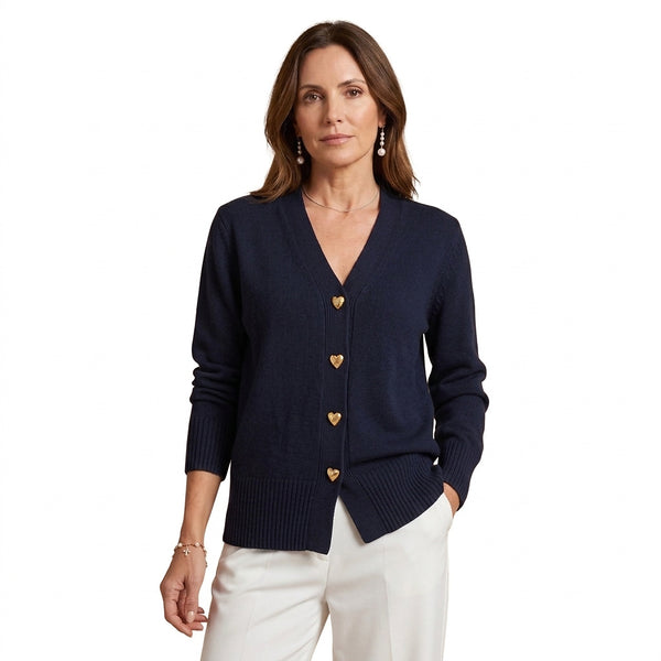 Damski kardigan z dzianiny z dekoltem w serek i guzikami w kształcie serc-Cardigans for women-Olave