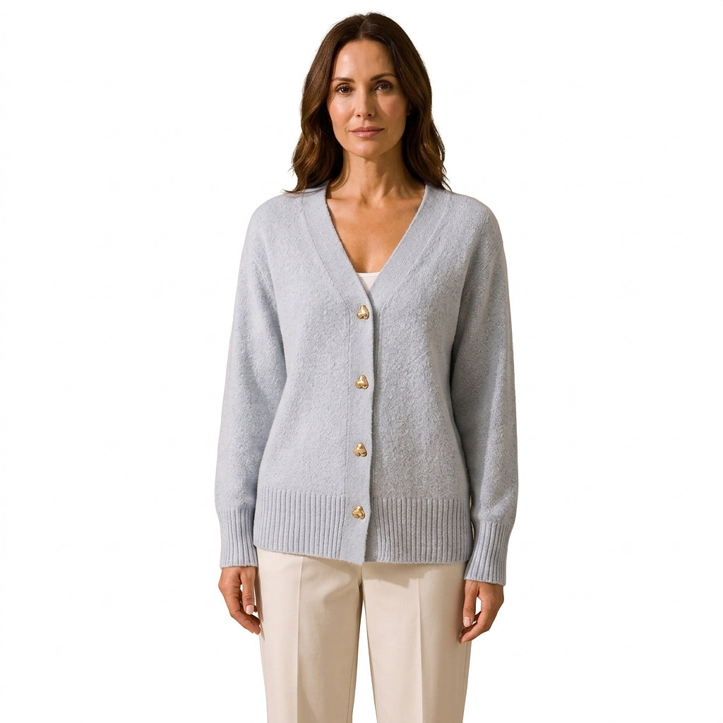 Damski kardigan z dzianiny z dekoltem w serek i guzikami w kształcie serc-Cardigans for women-Olave