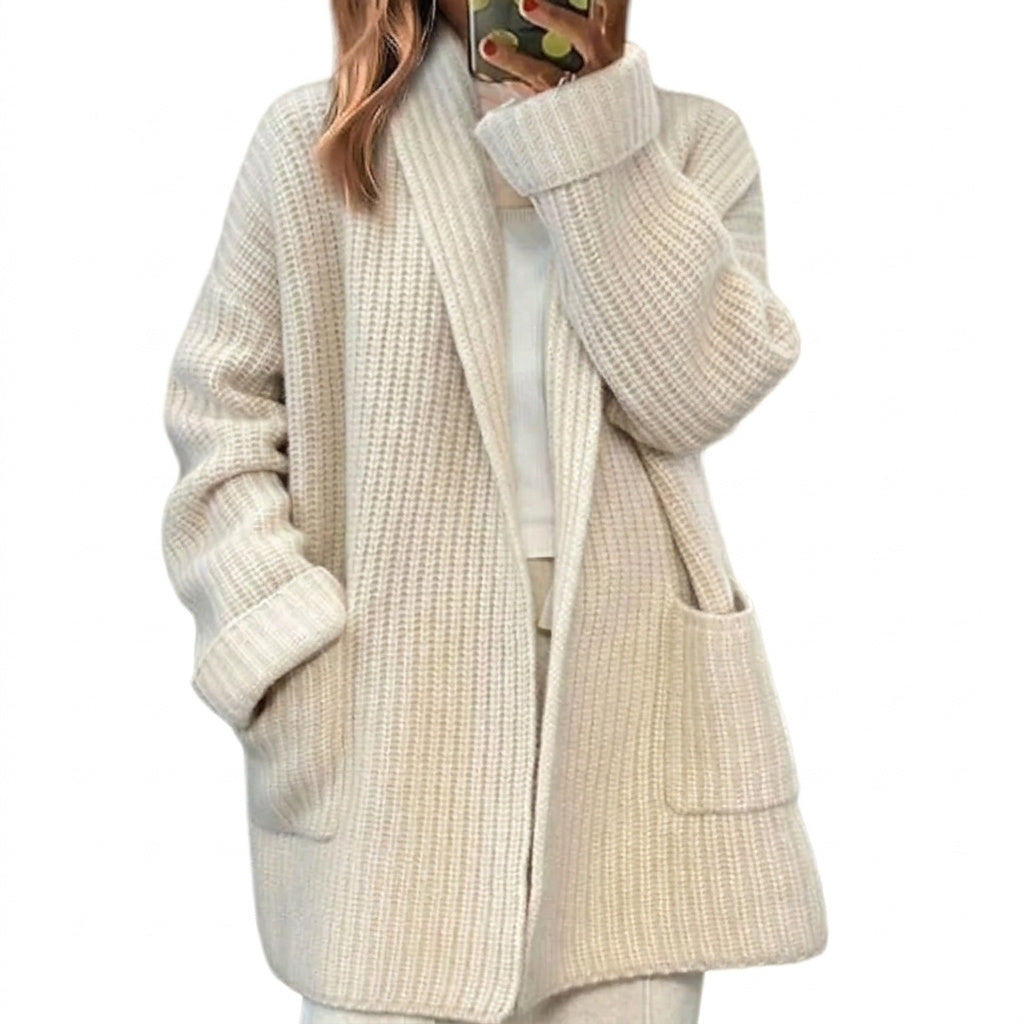 Damski kardigan z prążkowanej dzianiny z otwartym przodem i naszywanymi kieszeniami-Cardigan for women-Olave