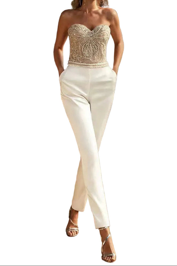 Damski kombinezon bez ramiączek ze strukturalną górą i prostymi nogawkami-Jumpsuits for women-Olave