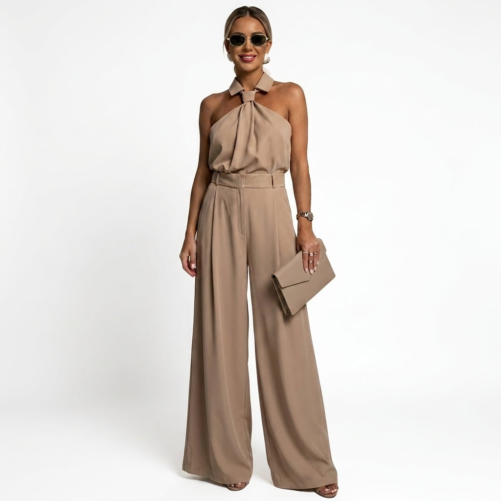 Damski kombinezon bez rękawów z dekoltem typu halter i szerokimi nogawkami-Jumpsuits for women-Olave
