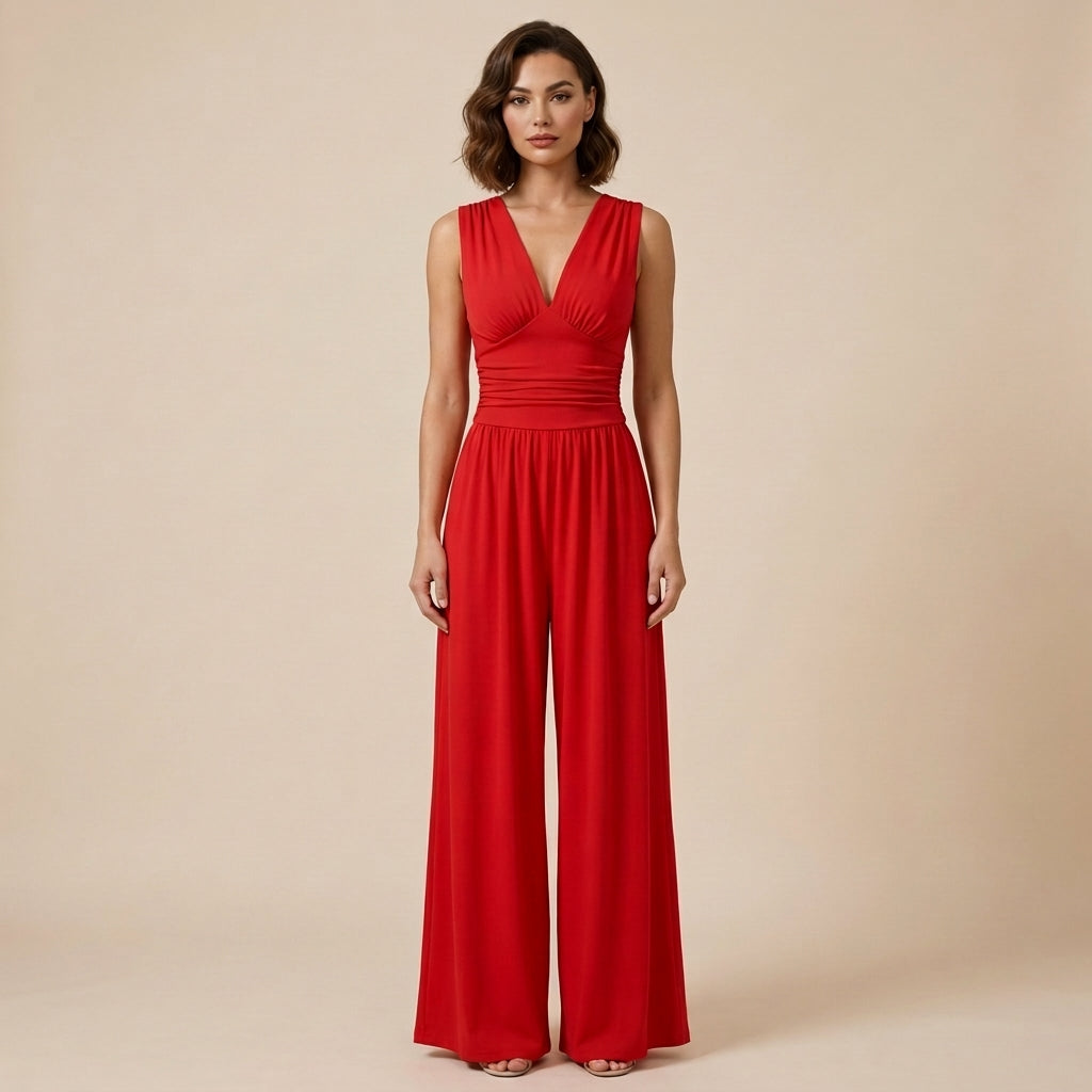 Damski kombinezon bez rękawów z dekoltem w serek i szerokimi nogawkami-Jumpsuits for women-Olave