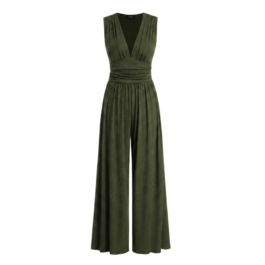 Damski kombinezon bez rękawów z dekoltem w serek i szerokimi nogawkami-Jumpsuits for women-Olave