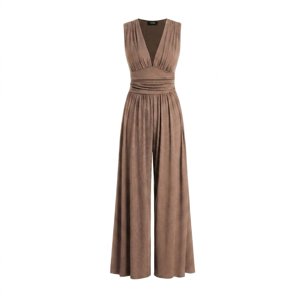 Damski kombinezon bez rękawów z dekoltem w serek i szerokimi nogawkami-Jumpsuits for women-Olave
