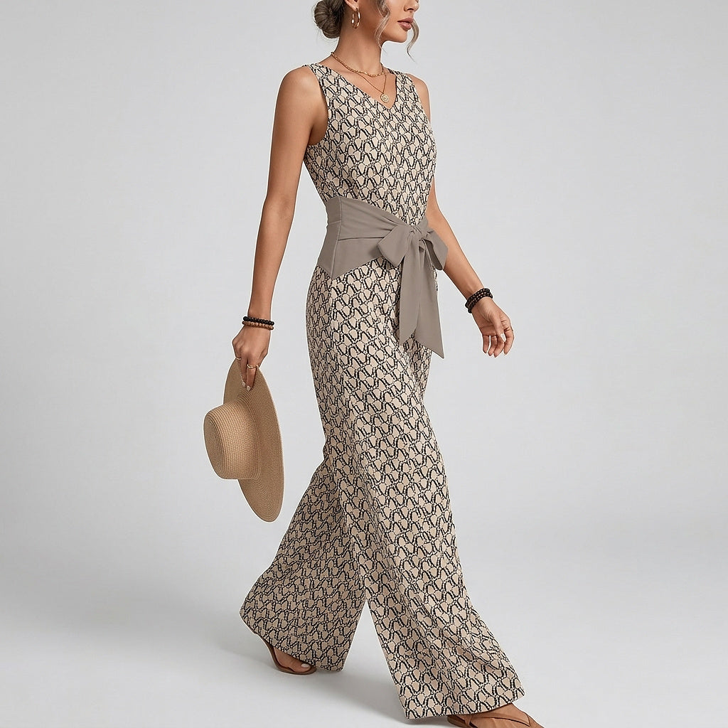 Damski kombinezon bez rękawów z dekoltem w serek i szerokimi nogawkami oraz wiązaniem w talii-Jumpsuits for women-Olave