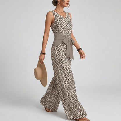 Damski kombinezon bez rękawów z dekoltem w serek i szerokimi nogawkami oraz wiązaniem w talii-Jumpsuits for women-Olave